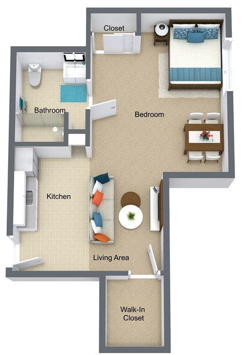 Floor plan for 1 bed, 1 bath, 602 sqft